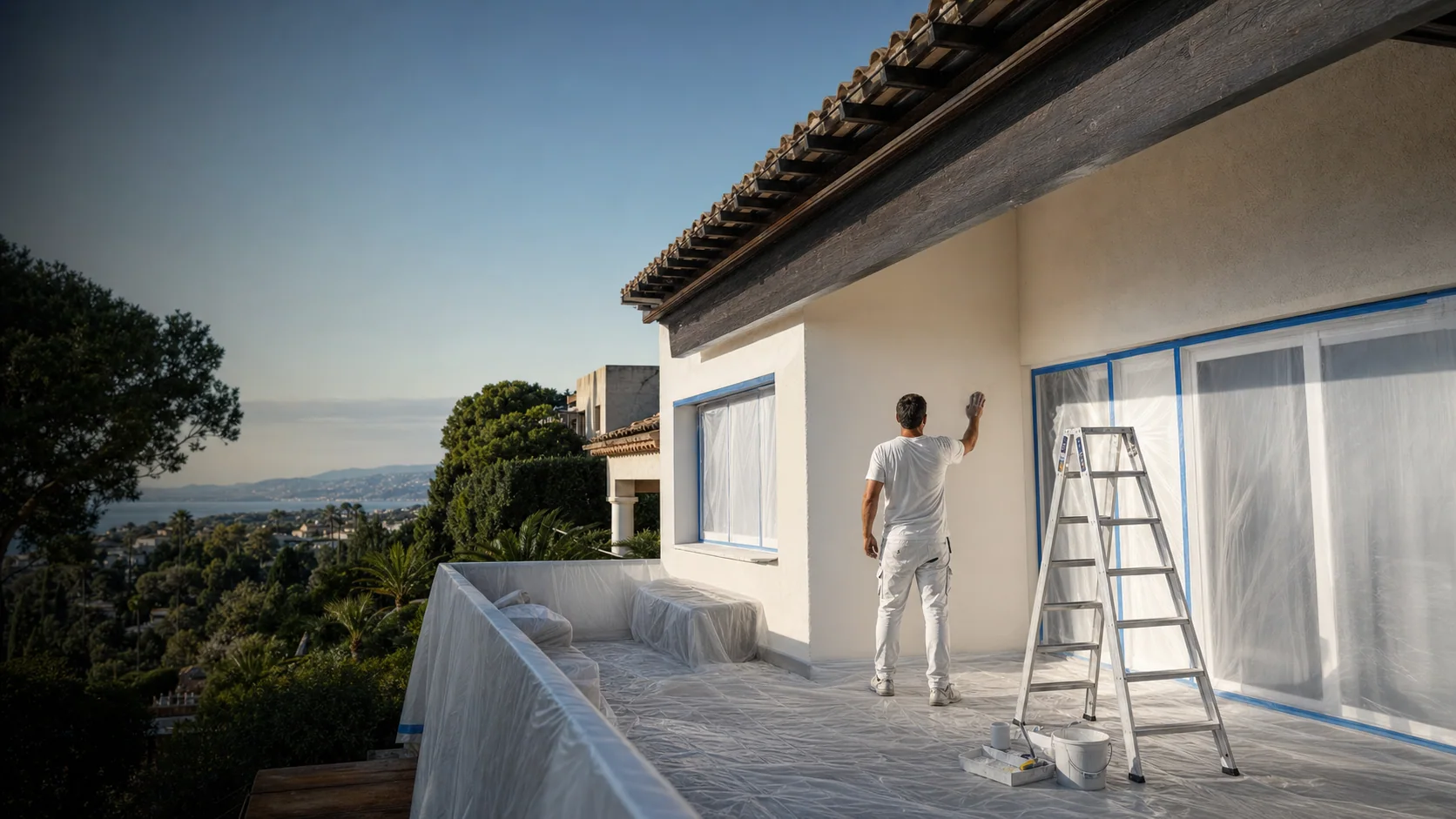 Artisan peintre sur une façade méditerranéenne soigneusement protégée